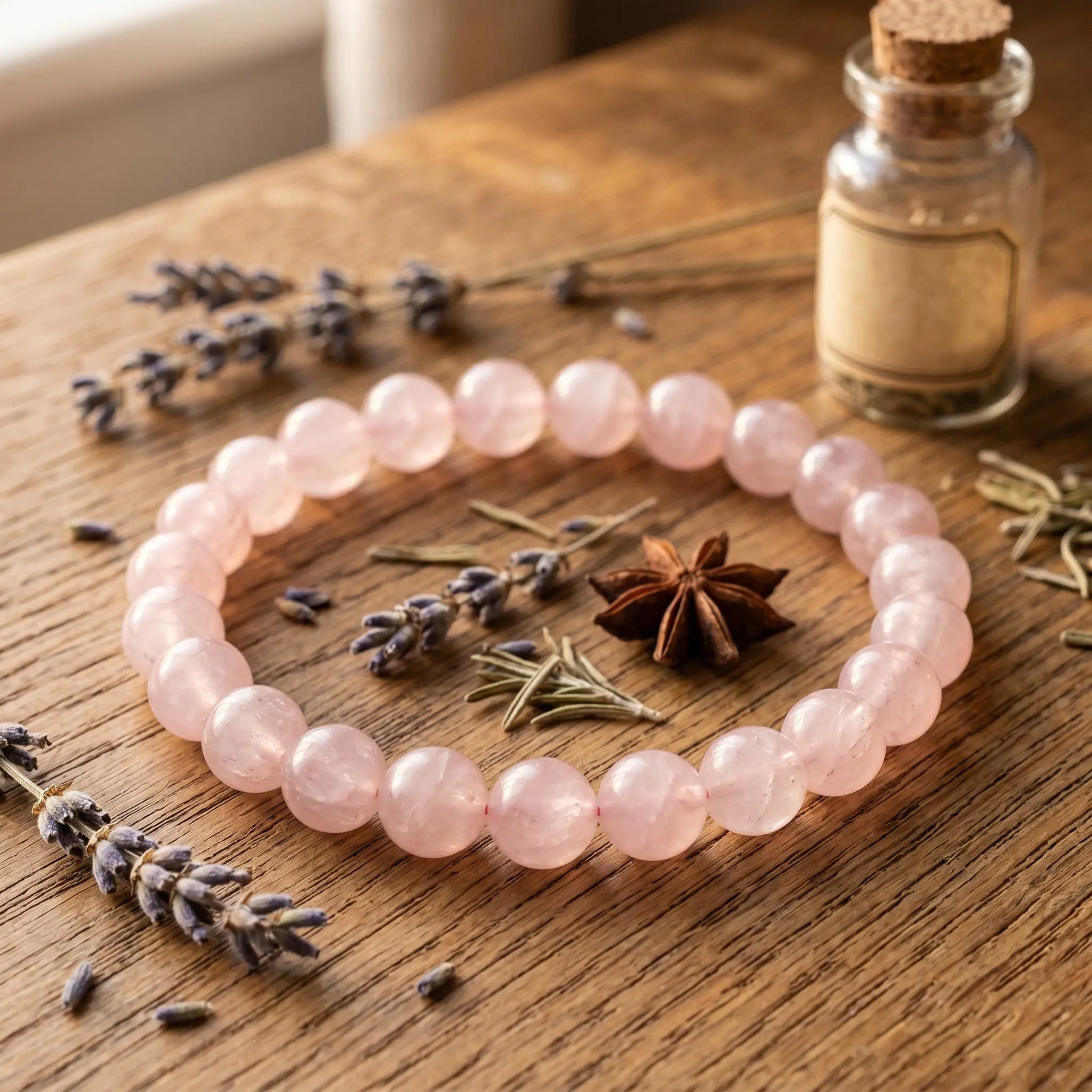Rosenquarz Kugelarmband auf warmem Holz mit getrocknetem Lavendel im Apotheker-Look