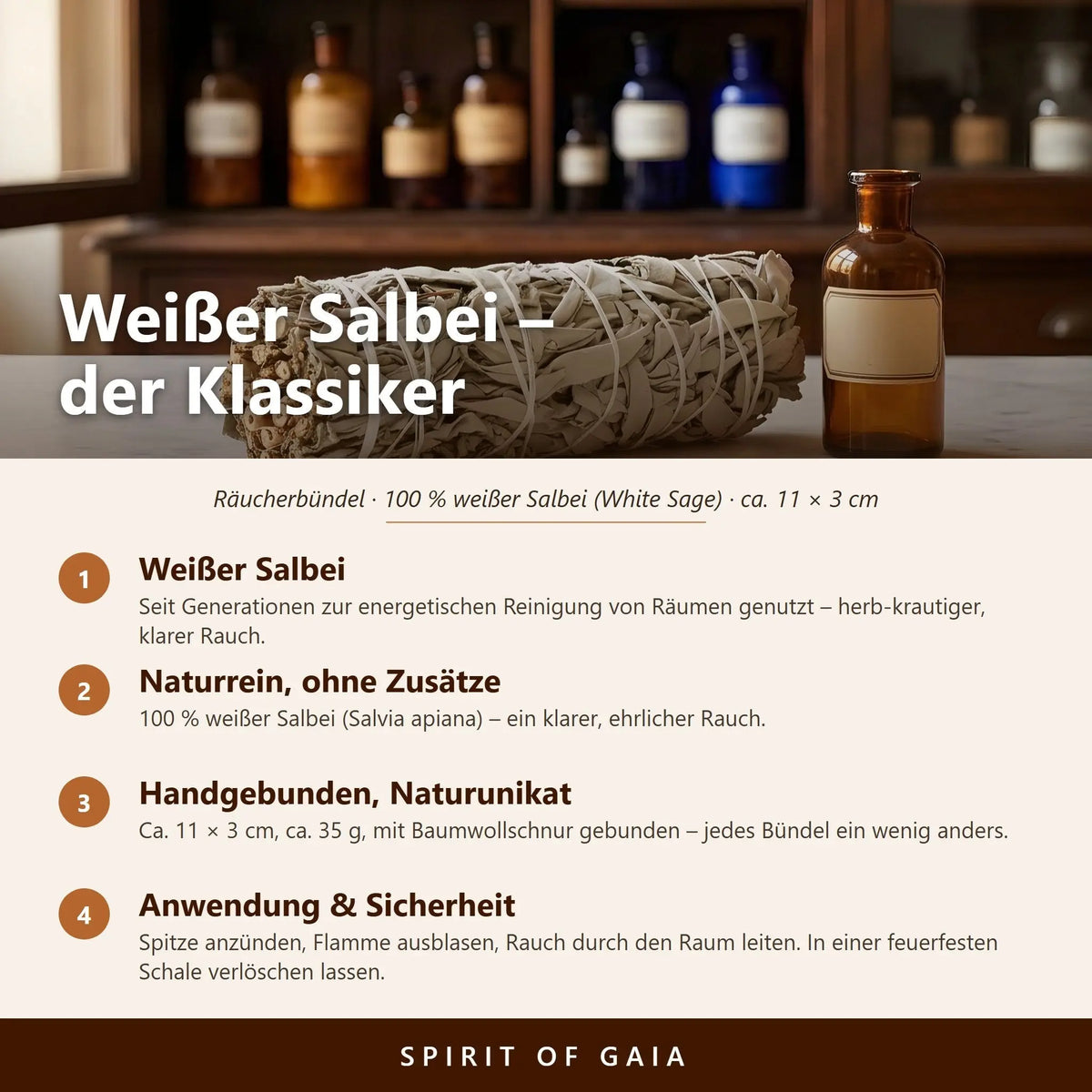 Infografik: Weißer Salbei, der Klassiker – naturrein, handgebunden, Anwendung und Sicherheit