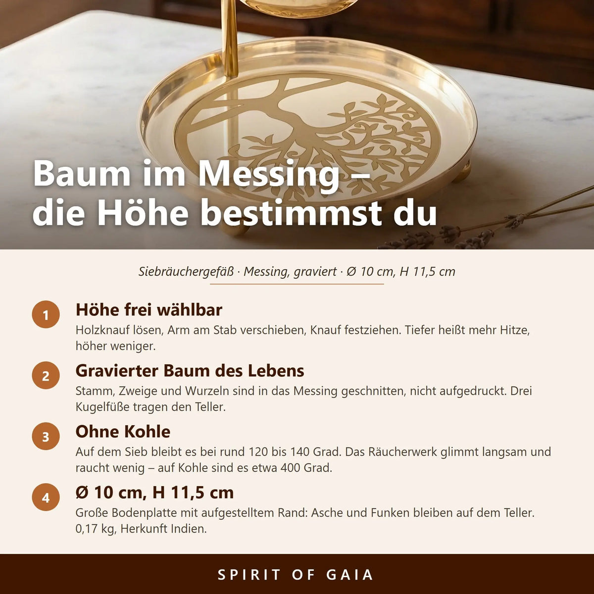 Infografik zum Siebräuchergefäß Baum des Lebens mit vier Punkten zu Höhenverstellung, Gravur, Temperatur und Maßen