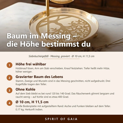 Infografik zum Siebräuchergefäß Baum des Lebens mit vier Punkten zu Höhenverstellung, Gravur, Temperatur und Maßen