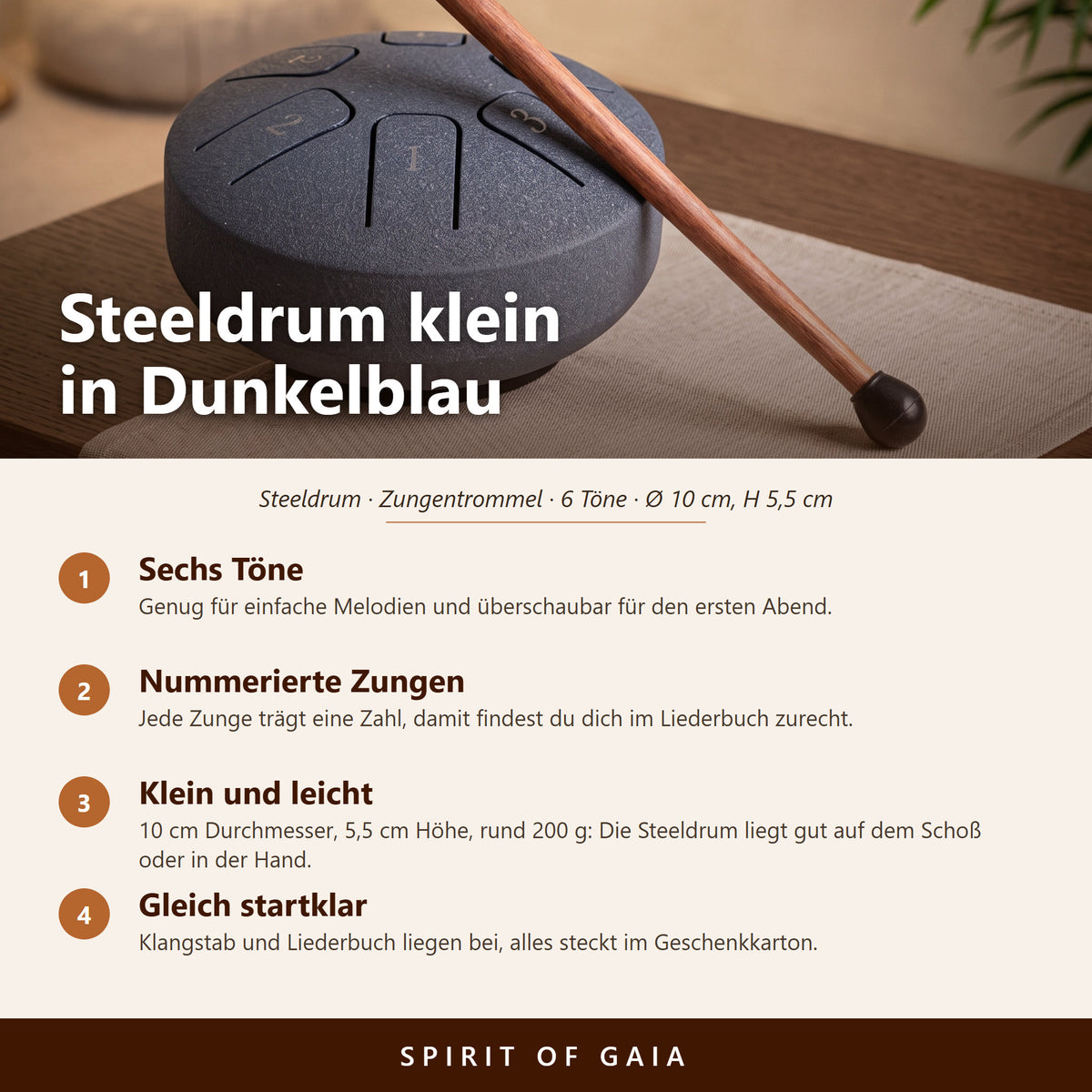 Übersicht zur kleinen dunkelblauen Steeldrum: sechs Töne, Maße, Zubehör und Klangstab