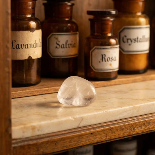 Bergkristall Trommelstein – klarer Heilstein im Apothekerschrank mit Apothekergläsern