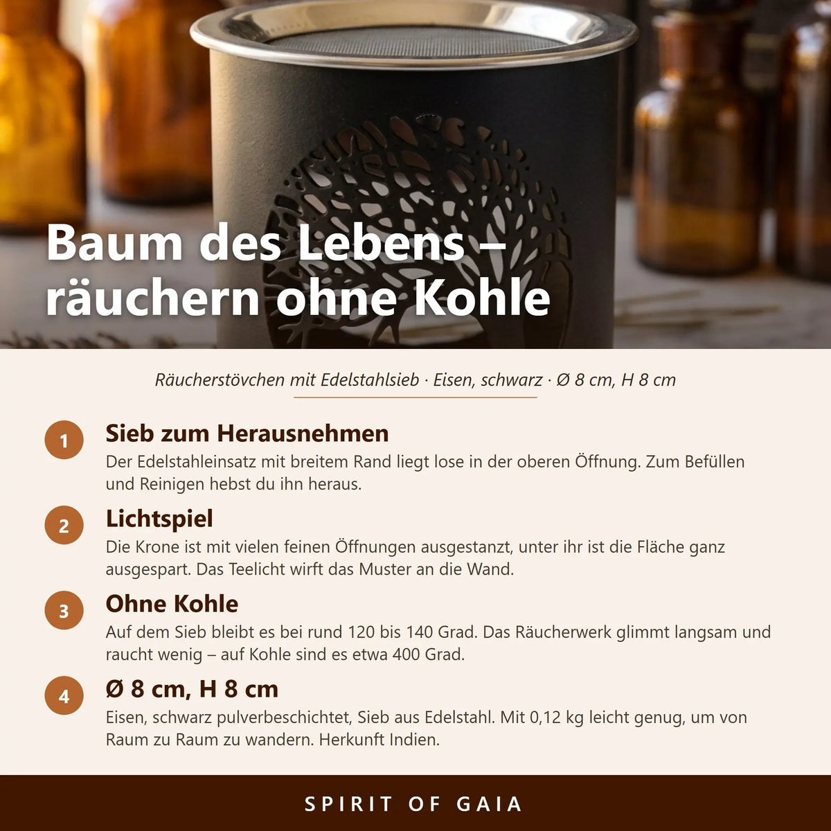 Infografik zum Siebgefäß Baum des Lebens mit vier Punkten zu Sieb, Lichtspiel, Temperatur und Maßen