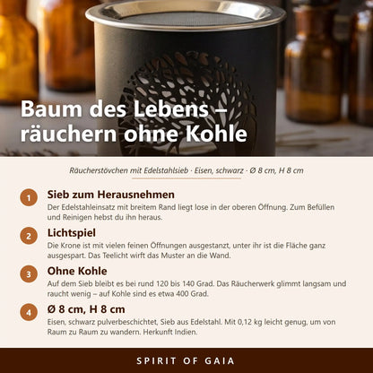 Infografik zum Siebgefäß Baum des Lebens mit vier Punkten zu Sieb, Lichtspiel, Temperatur und Maßen