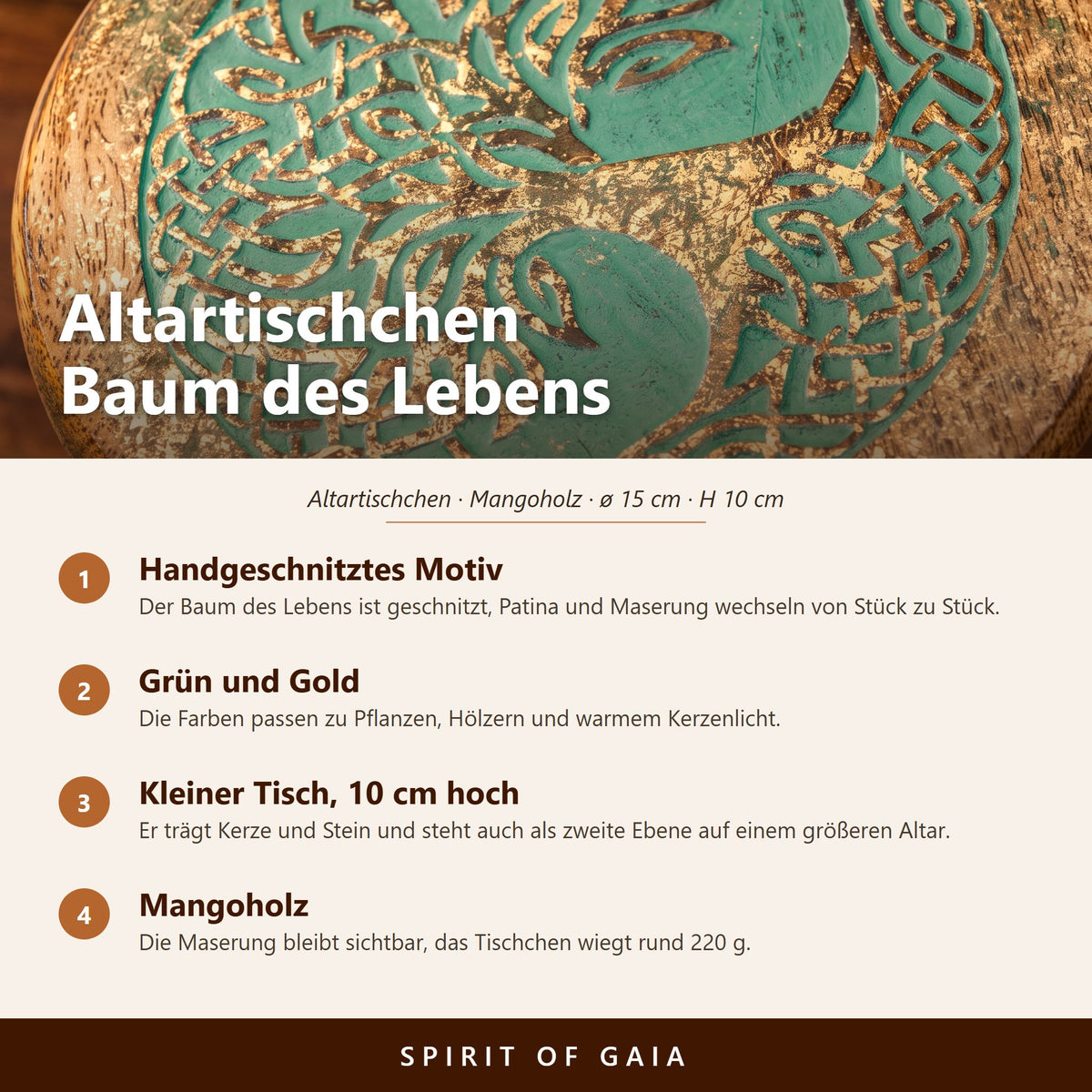 Übersicht zum Altartischchen Baum des Lebens: handgeschnitztes Motiv, Mangoholz, ø 15 cm, H 10 cm