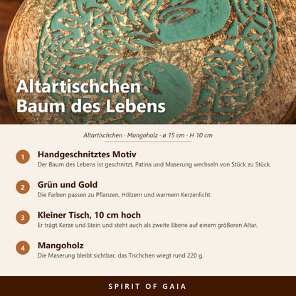 Übersicht zum Altartischchen Baum des Lebens: handgeschnitztes Motiv, Mangoholz, ø 15 cm, H 10 cm