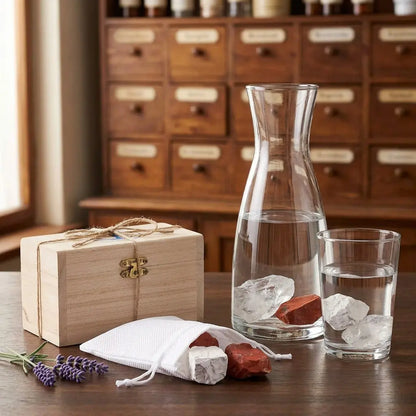 Wassersteine Fit & Schlank im Holzkästchen mit Glaskaraffe und Wasserglas, Rohsteine im Wasser – Spirit of Gaia