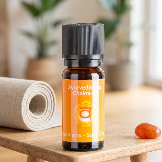 Ayurvedisches Chakra-Öl Svadisthana (Sakral-Chakra): 10-ml-Fläschchen auf einem Holzhocker neben einer gerollten Yogamatte, daneben Karneol