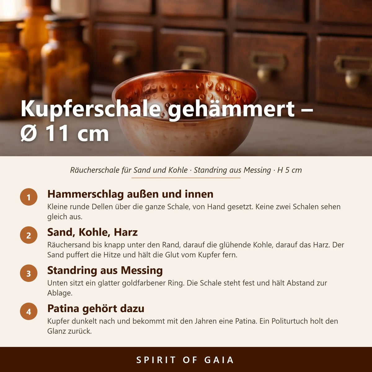 Gehämmerte Kupferschale mit umgebördeltem Rand und Standring aus Messing – Infografik mit den wichtigsten Angaben