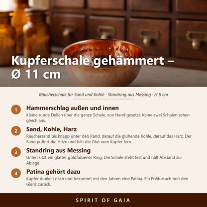 Gehämmerte Kupferschale mit umgebördeltem Rand und Standring aus Messing – Infografik mit den wichtigsten Angaben