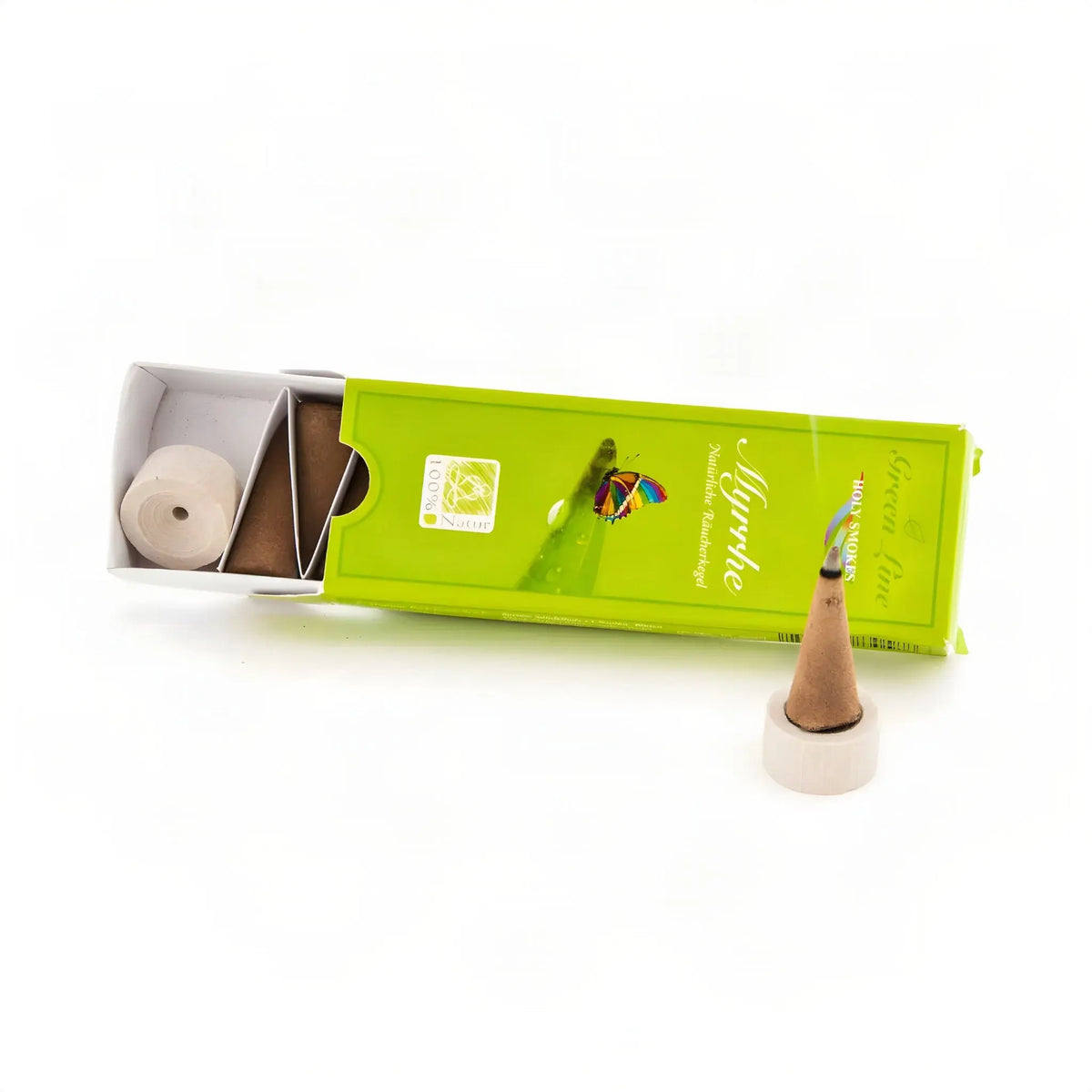 Myrrhe Räucherkegel naturrein, Holy Smokes Green Line, geöffnete Packung mit Kegeln, freigestellt auf Weiß