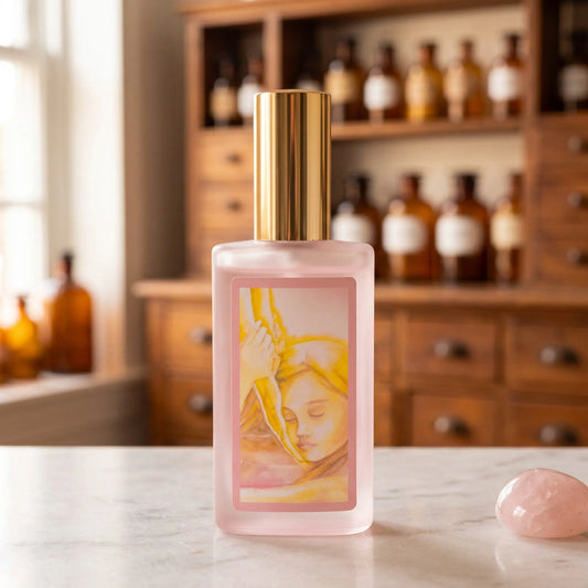 SeelenTor Rosa Essenz: Sprühflakon aus satiniertem Glas mit Bildetikett auf Marmortheke vor Apothekerschrank, daneben ein Rosenquarz – Spirit of Gaia