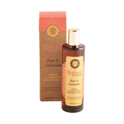 Aura Reinigungsspray Rose und Geranie, 100 ml, Flasche und Schachtel freigestellt auf weißem Grund