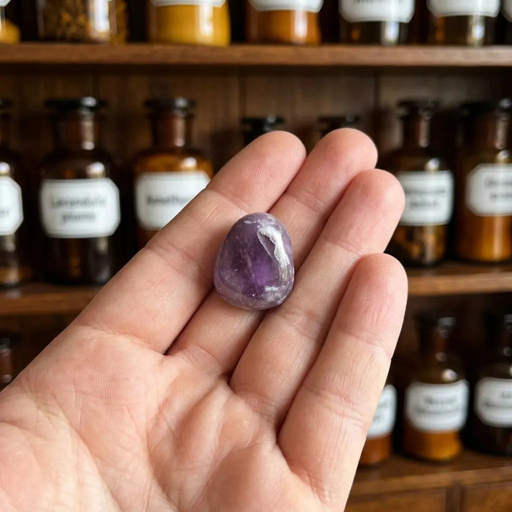Amethyst Trommelstein – Größenvergleich in der Hand, ca. 2 bis 3 cm