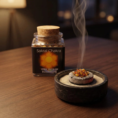 Sakralchakra, Chakra-Räuchermischung von Berk, 50 ml im Korkglas: eine Prise der Mischung glimmt auf der Räucherkohle, dahinter das Korkglas mit schwarzem Etikett, feiner Rauch steigt auf einer dunklen Holzplatte am Abend auf – Spirit of Gaia