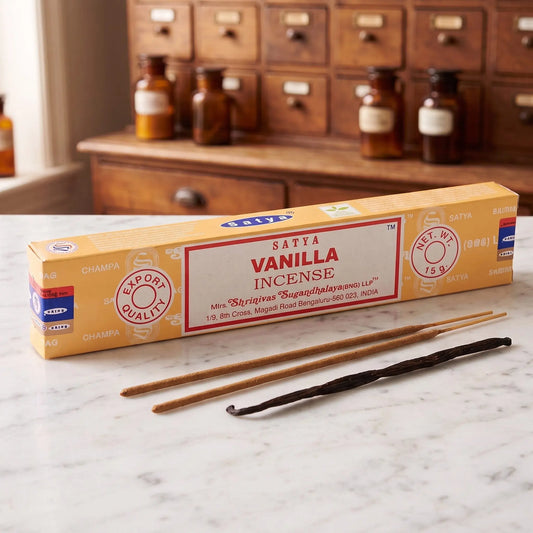 Satya Vanilla Räucherstäbchen: 15-g-Packung auf einer Marmortheke vor einem Apothekerschrank, daneben zwei lose Räucherstäbchen – Spirit of Gaia