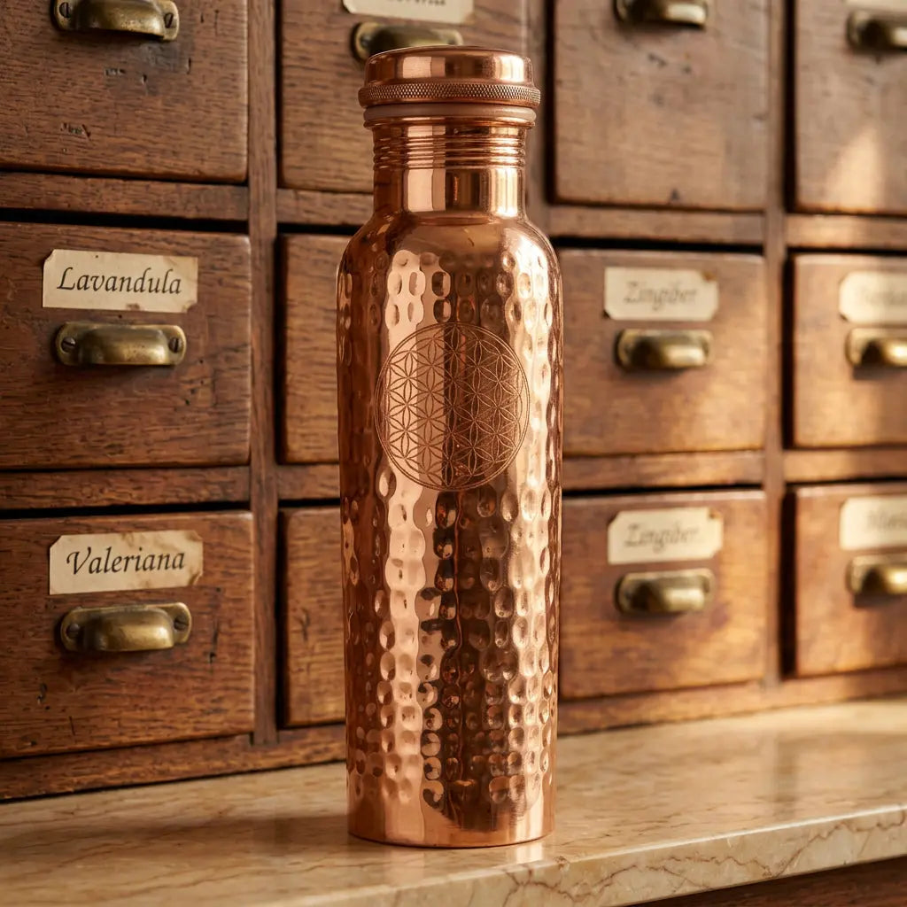 Kupferflasche Blume des Lebens 650 ml im Apothekerlook auf Marmor vor Apothekerschrank