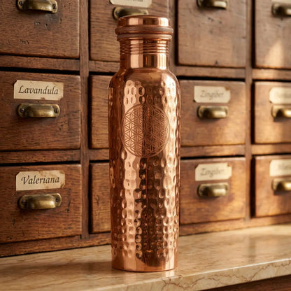 Kupferflasche Blume des Lebens 650 ml im Apothekerlook auf Marmor vor Apothekerschrank