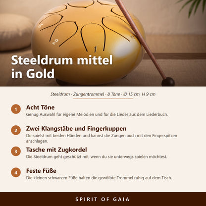 Übersicht zur mittleren goldenen Steeldrum: acht Töne, Maße, Zubehör und Klangstab