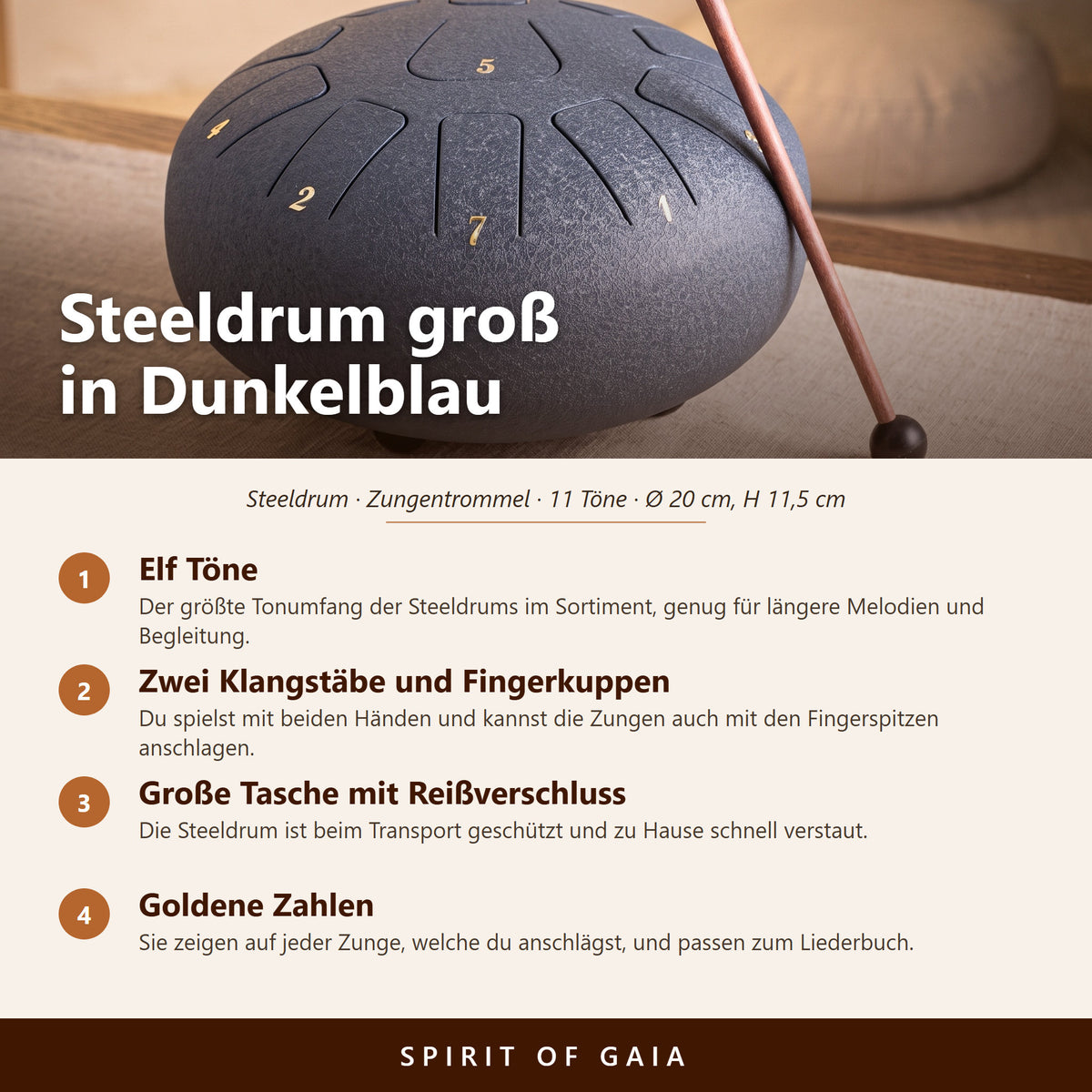 Übersicht zur großen dunkelblauen Steeldrum: elf Töne, Maße, Zubehör und Klangstab