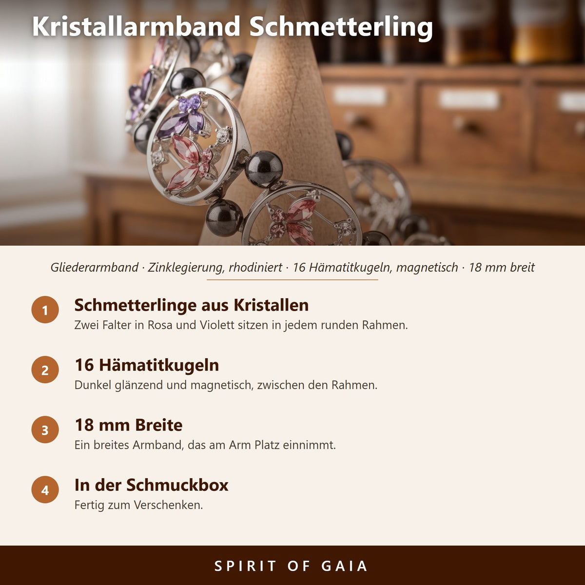 Übersicht zum Kristallarmband Schmetterling: Kristallfalter, 16 Hämatitkugeln, rhodiniert, in der Schmuckbox