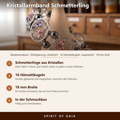 Übersicht zum Kristallarmband Schmetterling: Kristallfalter, 16 Hämatitkugeln, rhodiniert, in der Schmuckbox
