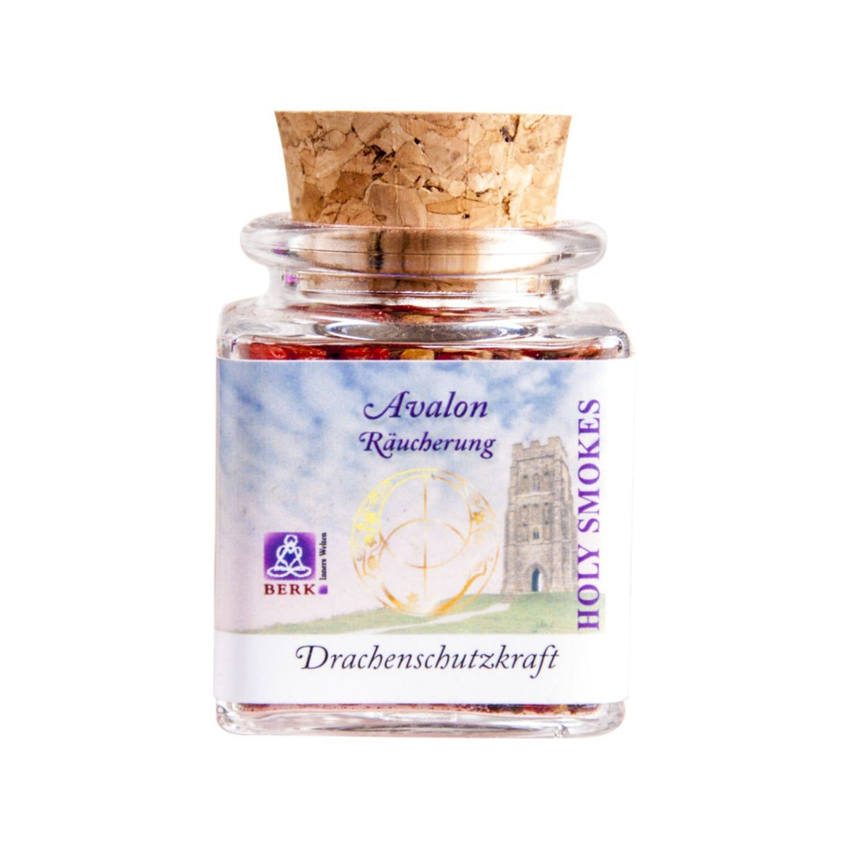 Drachenschutzkraft, Avalon-Räuchermischung von Berk, 50 ml im Korkglas: Korkglas mit Avalon-Etikett, freigestellt auf Weiß