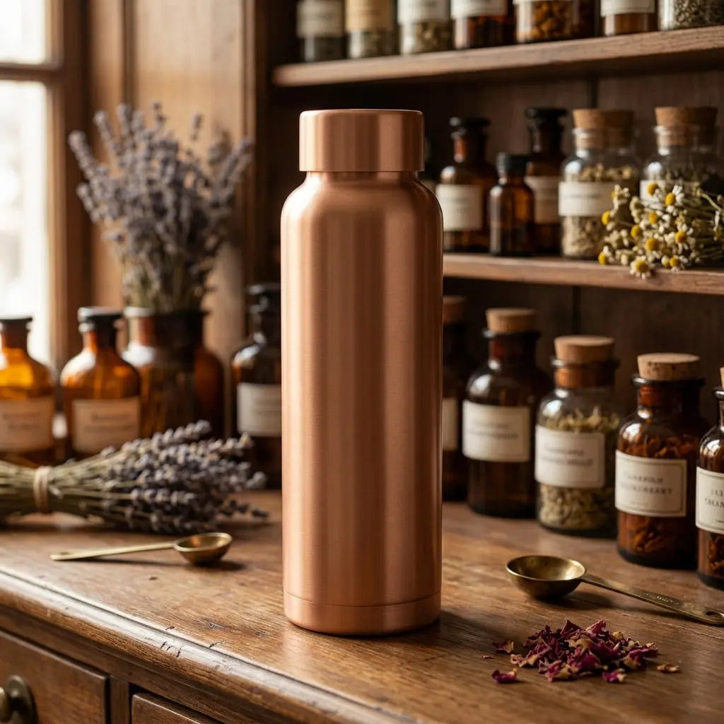 Matte Kupfer-Trinkflasche Ayurveda aus seitlichem Blickwinkel im Apothekerregal