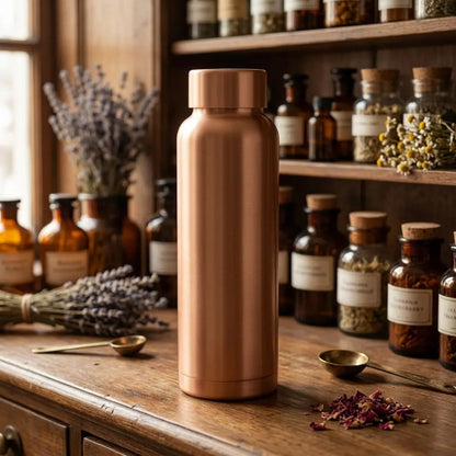 Matte Kupfer-Trinkflasche Ayurveda aus seitlichem Blickwinkel im Apothekerregal