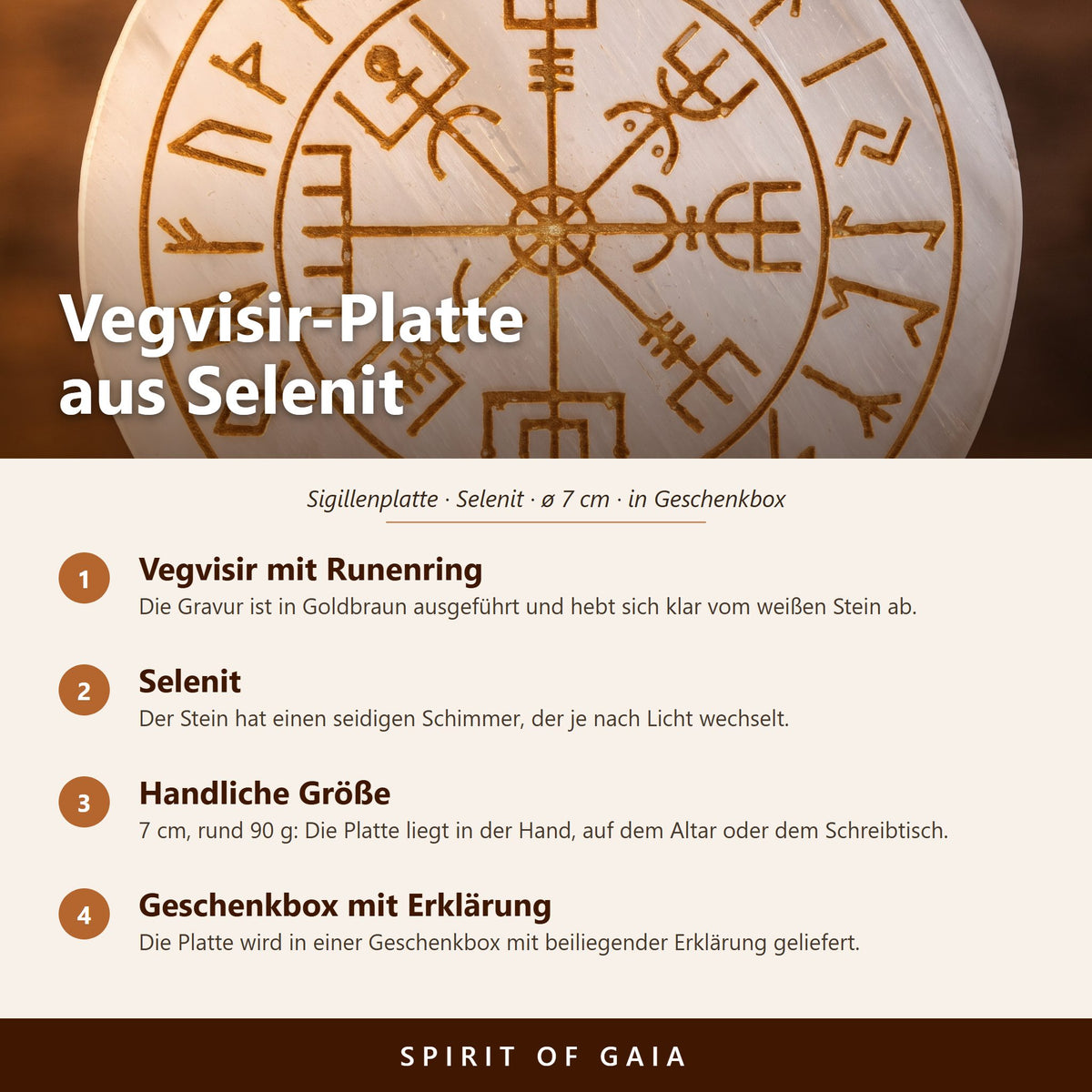 Übersicht zur Vegvisir-Platte aus Selenit: Gravur mit Runenring, ø 7 cm, in Geschenkbox mit Erklärung