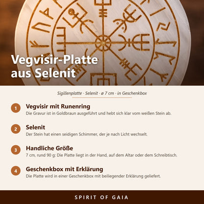 Übersicht zur Vegvisir-Platte aus Selenit: Gravur mit Runenring, ø 7 cm, in Geschenkbox mit Erklärung