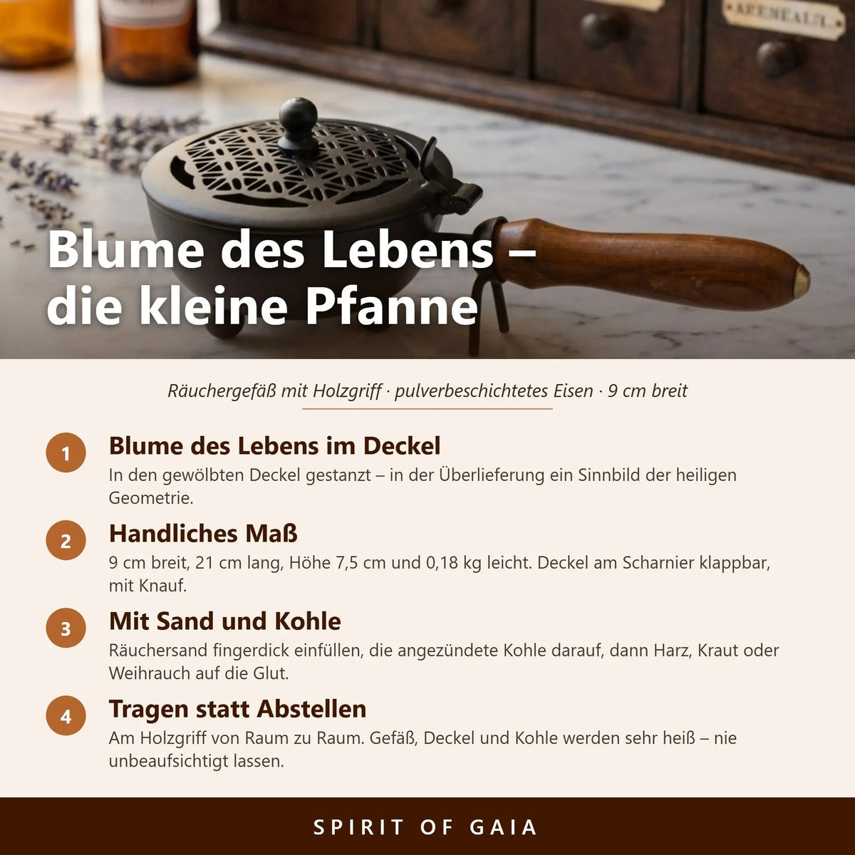 Infografik zur Blume des Lebens im Deckel, den Maßen, der Anwendung mit Räuchersand und Kohle und zum Tragen am Holzgriff