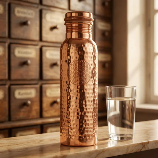 Kupferflasche Blume des Lebens 900 ml im Apothekerlook mit Trinkglas als Größenvergleich