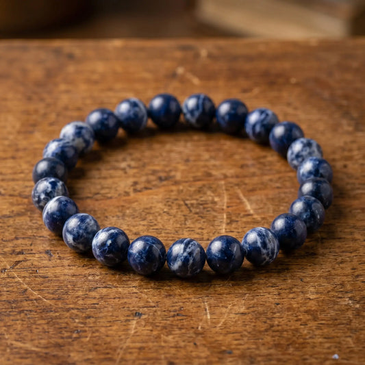 Makro der naturbelassenen, blau-weiß gemaserten Sodalith-Perlen des Edelstein-Kugelarmbands