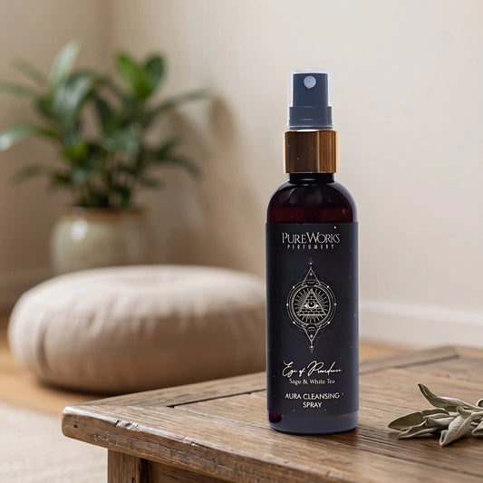 Aura-Spray Eye of Providence (Salbei & weißer Tee): Sprühflasche auf einem Holztisch in einer ruhigen Meditationsecke mit Sitzkissen und Pflanze