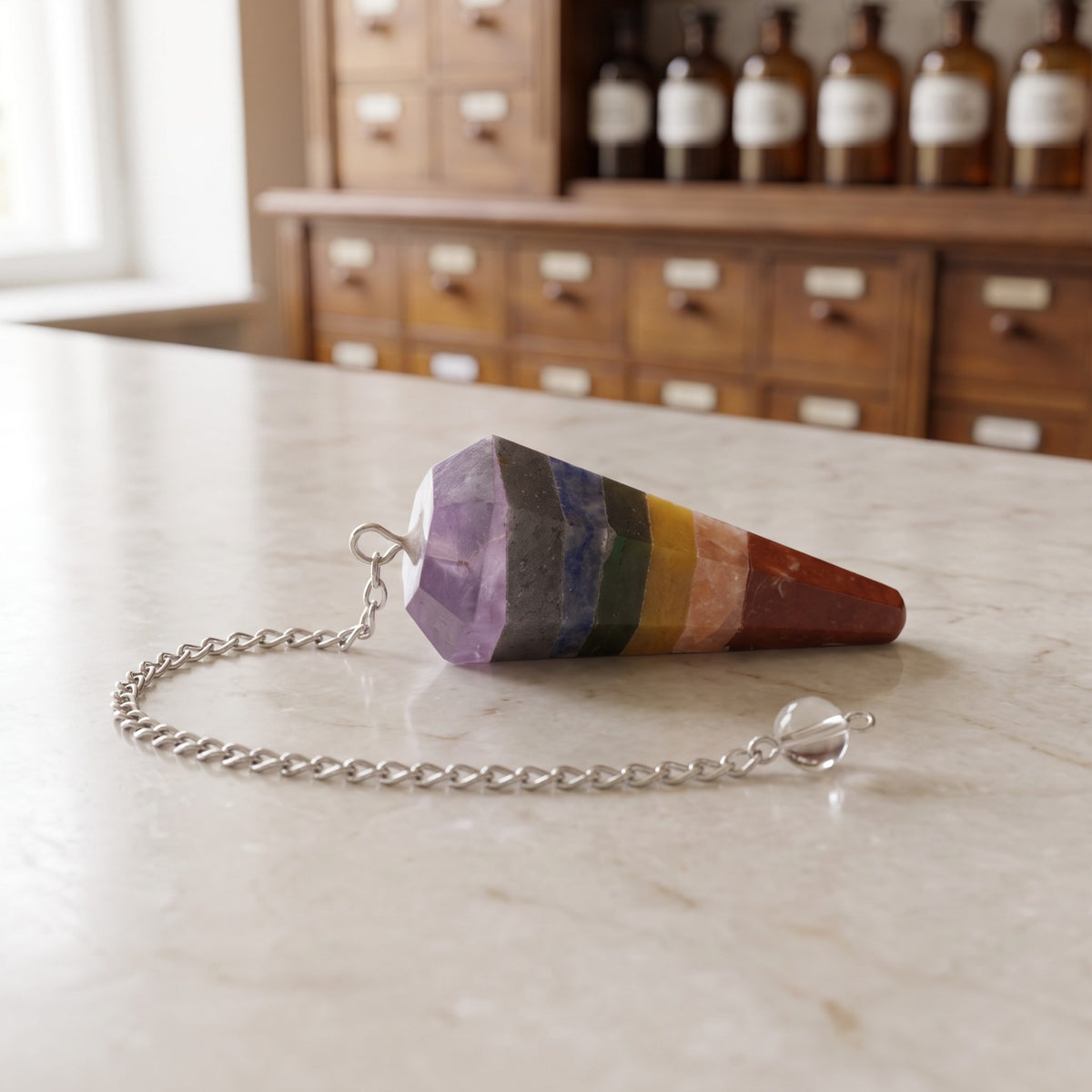 Das 7-Chakra-Pendel von Berk liegt auf der Marmortheke einer hellen Apotheke, die feine silberfarbene Kette mit klarer Perle daneben