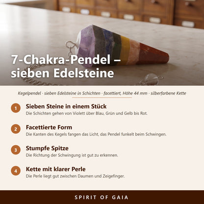 Übersicht zum 7-Chakra-Pendel: Sieben Steine in einem Stück, Facettierte Form, Stumpfe Spitze, Kette mit klarer Perle