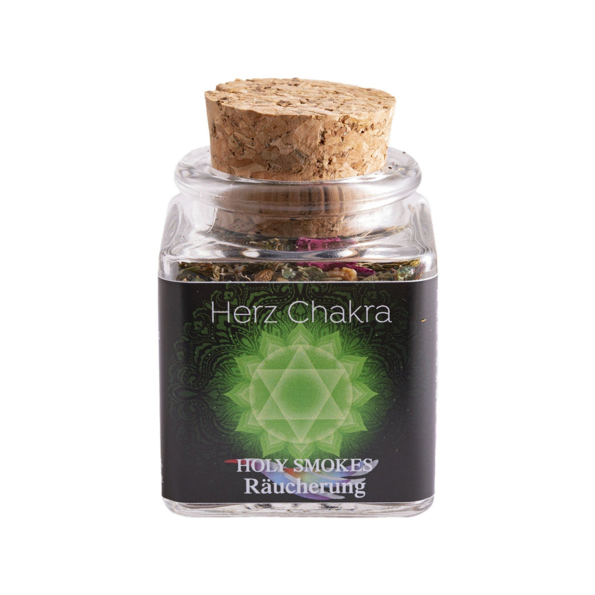 Herzchakra, Chakra-Räuchermischung von Berk, 50 ml im Korkglas: Korkglas mit schwarzem Chakra-Etikett, freigestellt auf Weiß