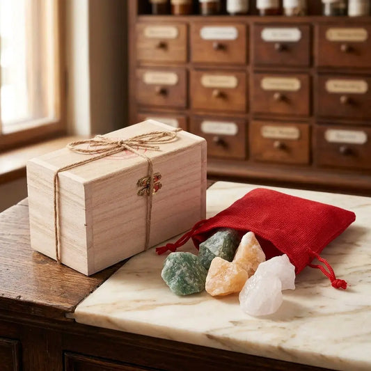 Wassersteine Kraft und Mut im Holzkästchen mit Aventurin, Orangencalcit und Bergkristall, Rohsteine neben offenem roten Jutesäckchen – Spirit of Gaia