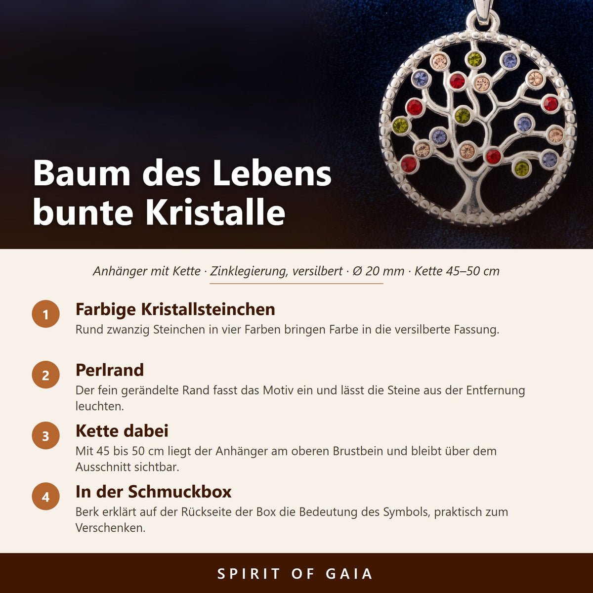 Übersicht zum Baum des Lebens Anhänger: Zinklegierung versilbert, 20 mm, Kette 45 bis 50 cm, bunte Kristallsteinchen