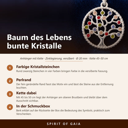 Übersicht zum Baum des Lebens Anhänger: Zinklegierung versilbert, 20 mm, Kette 45 bis 50 cm, bunte Kristallsteinchen