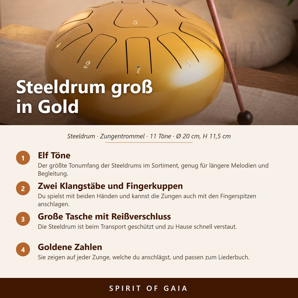 Übersicht zur großen goldenen Steeldrum: elf Töne, Maße, Zubehör und Klangstab