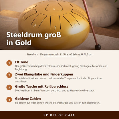Übersicht zur großen goldenen Steeldrum: elf Töne, Maße, Zubehör und Klangstab