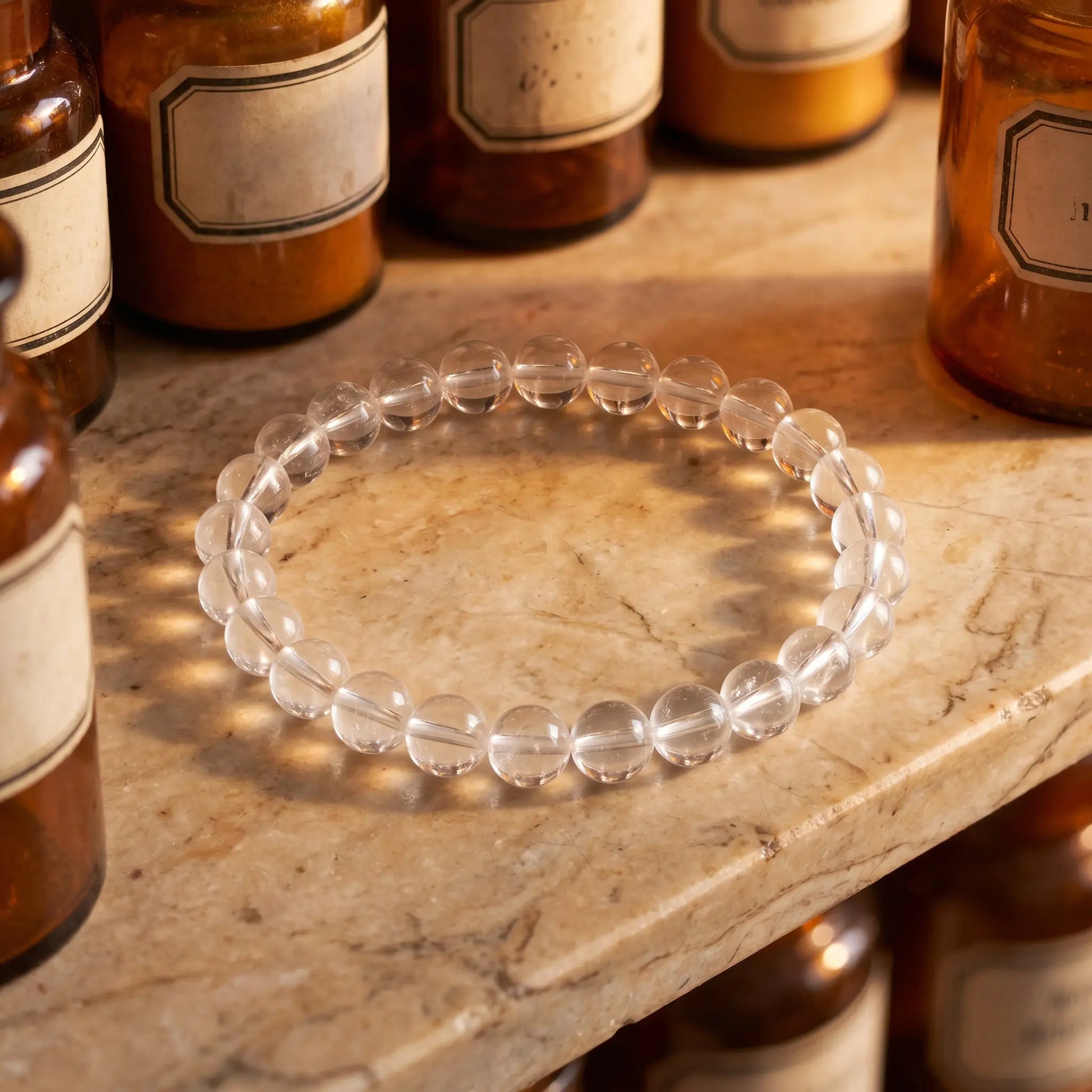 Bergkristall Armband – klares Edelstein-Kugelarmband (8 mm) auf Marmorablage im Apotheker-Stil