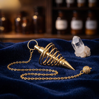 Spiralpendel aus vergoldetem Messing: liegt mit locker gelegter Kette auf dunkelblauem Samt, daneben eine kleine Bergkristallspitze, abends auf der Theke einer alten Apotheke – Spirit of Gaia