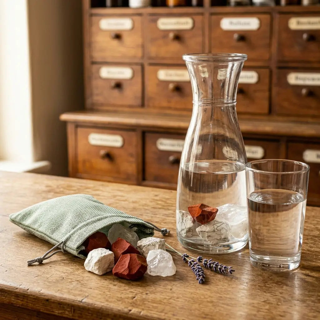 Wassersteine Fit & Schlank im Jutesäckchen mit Glaskaraffe (Steine im Wasser) und Wasserglas – Magnesit, Roter Jaspis und Bergkristall – Spirit of Gaia
