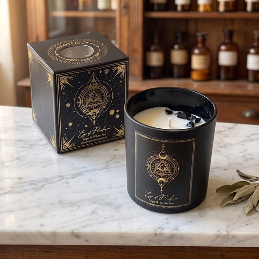 Manifestationskerze Eye of Providence mit Obsidian (Salbei & weißer Tee) von Pure Works: Kerze im schwarzen Glas und schwarze Schachtel mit Goldprägung auf Marmortheke vor Apothekerschrank, daneben getrocknete Salbeiblätter – Spirit of Gaia