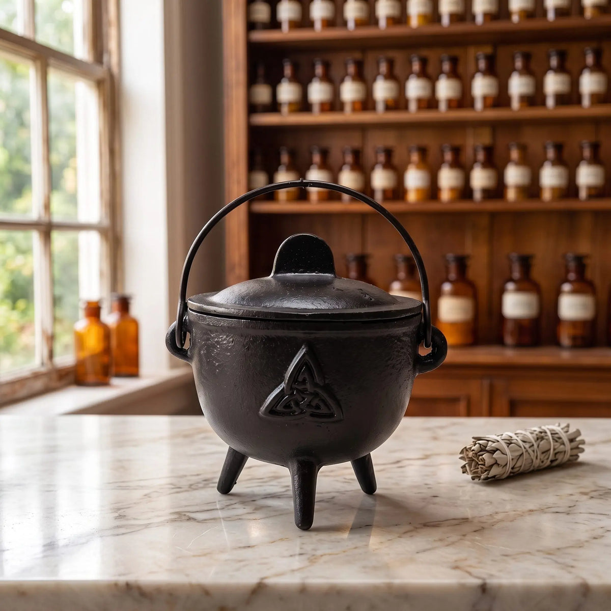 Cauldron (Hexenkessel) Triquetrasymbol auf einer Marmortheke vor einem Apothekerschrank – Spirit of Gaia