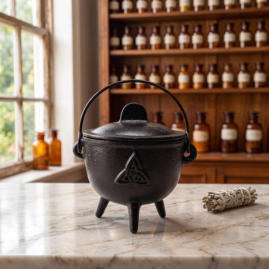 Cauldron (Hexenkessel) Triquetrasymbol auf einer Marmortheke vor einem Apothekerschrank – Spirit of Gaia