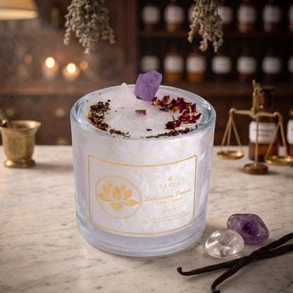 Chakra-Kerze Lotos Chakra Sahasrara Padma mit Bergkristall und Amethyst, Duft Vanille und Mandel: Kerze im Glas auf der Marmortheke einer alten Apotheke am Abend, daneben Bergkristall, Amethyst und zwei Vanilleschoten – Spirit of Gaia